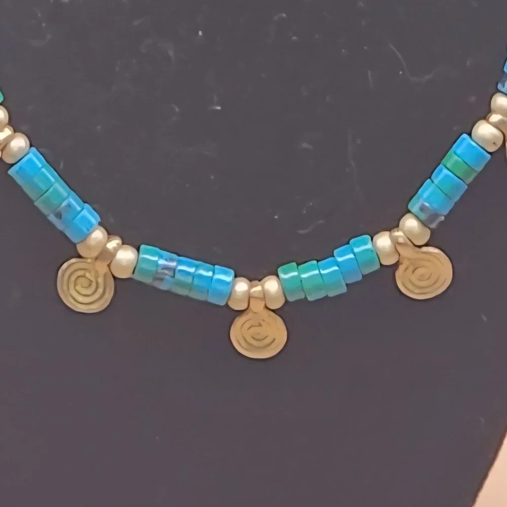 Azurite and Brass Spiral Charm Necklace
